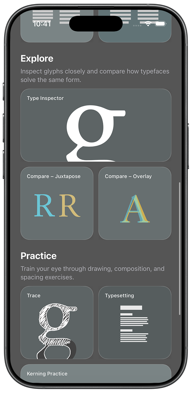 Typography Insight home screen on a framed iPhone