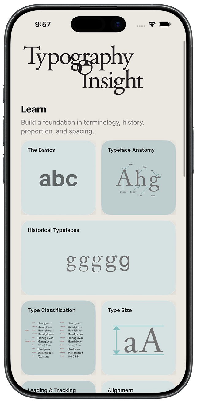 Typography Insight home screen on a framed iPhone