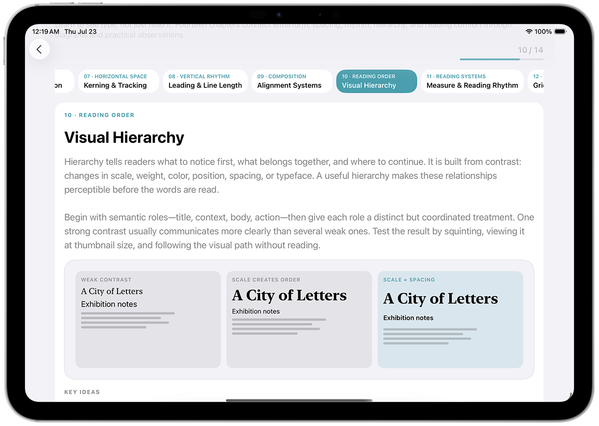 Typography Insight visual hierarchy lesson on a framed iPad